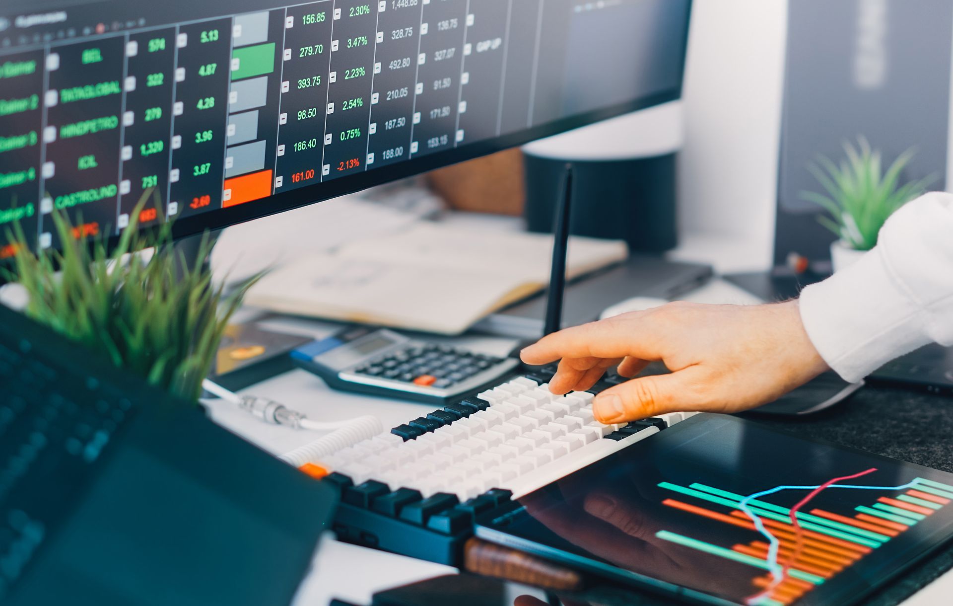 Workspace with market data and analytics dashboards on screens