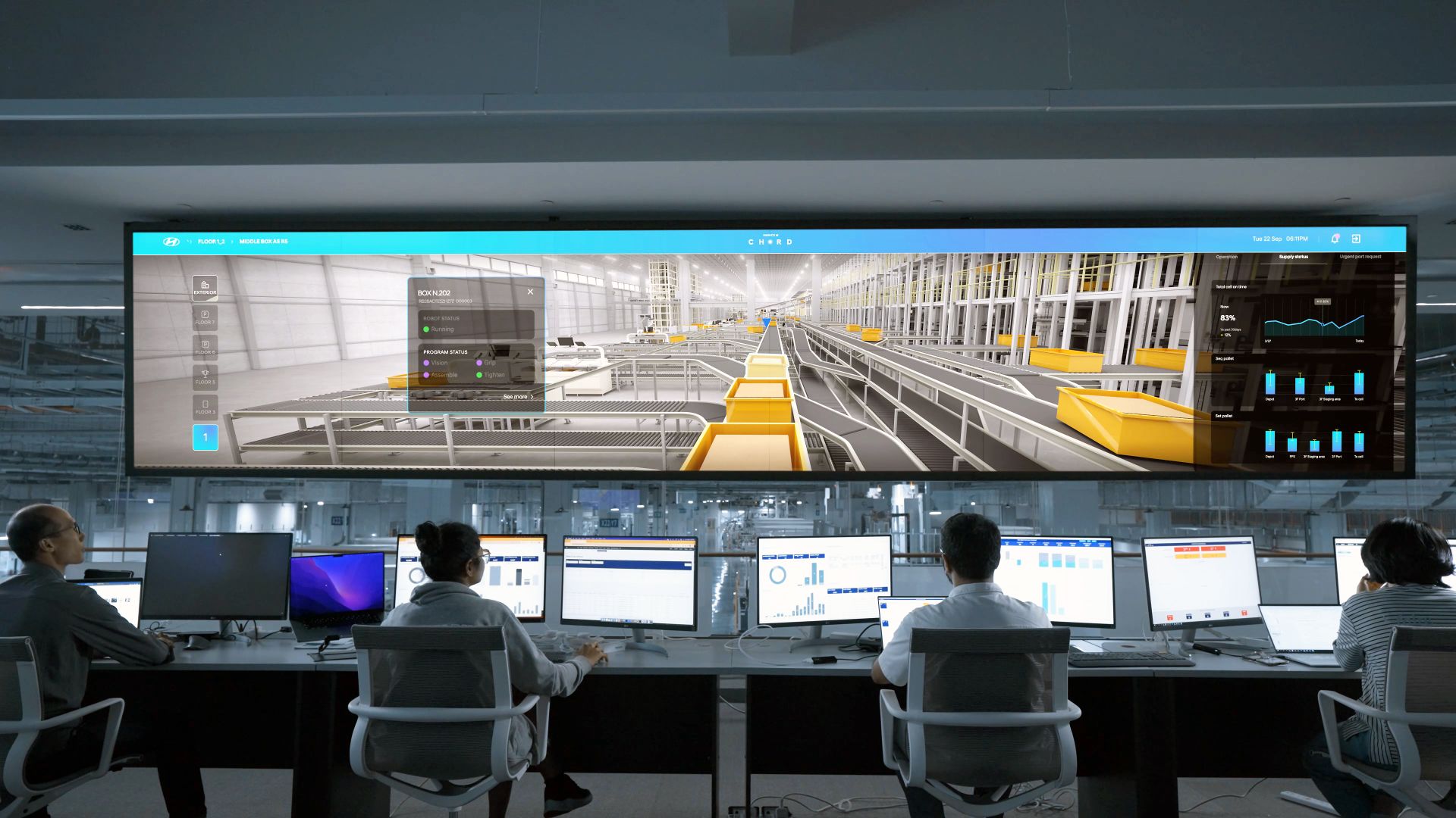 Command and control room with operators monitoring large digital displays