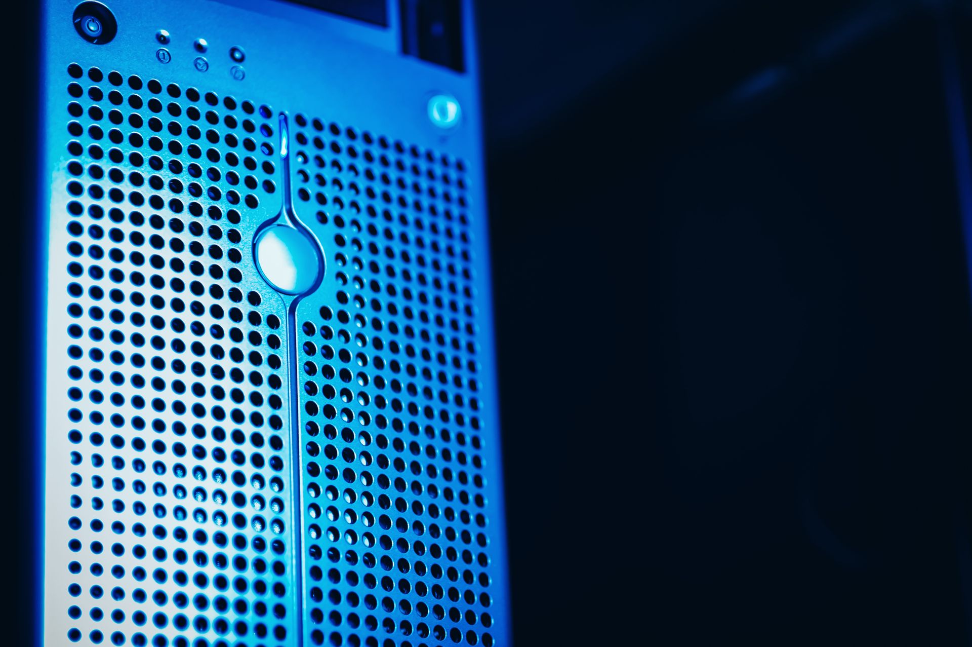 Close-up of a blue server rack in a data center